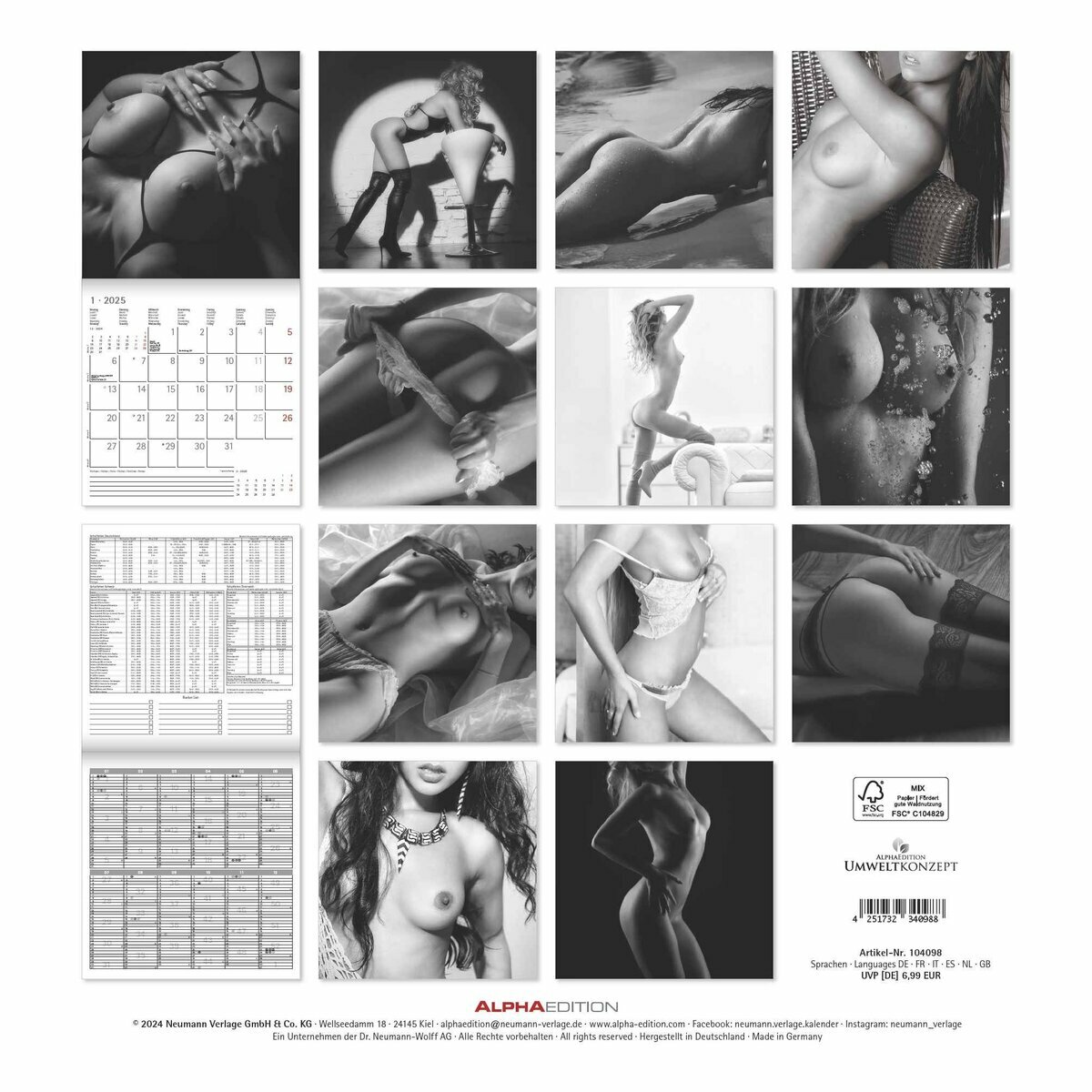 Calendrier 2025 Corps femme nu noir et blanc Seins Sexy Glamour format  30x60cm ouvert