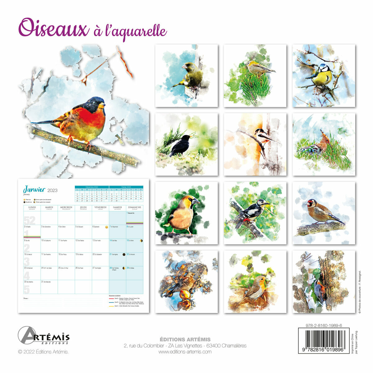 Calendrier 2023 Dessin aquarelle oiseau