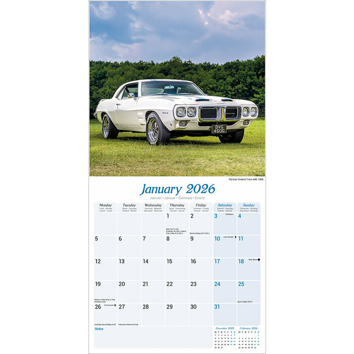 Calendrier 2026 Voiture Amricaine Bleue