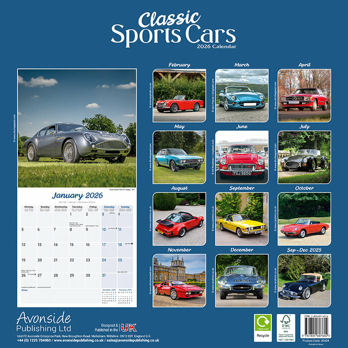 Calendrier 2026 papier Voiture Sportive Vintage Bleue