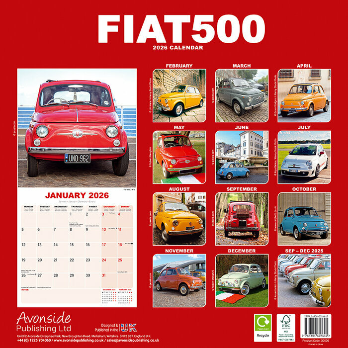 Calendrier 2026 papier Fiat 500 origine jaune