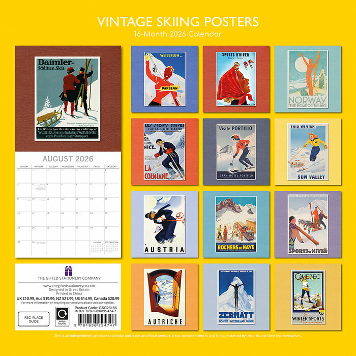 Calendrier  2026 Affiches Ski Rétro Vintage