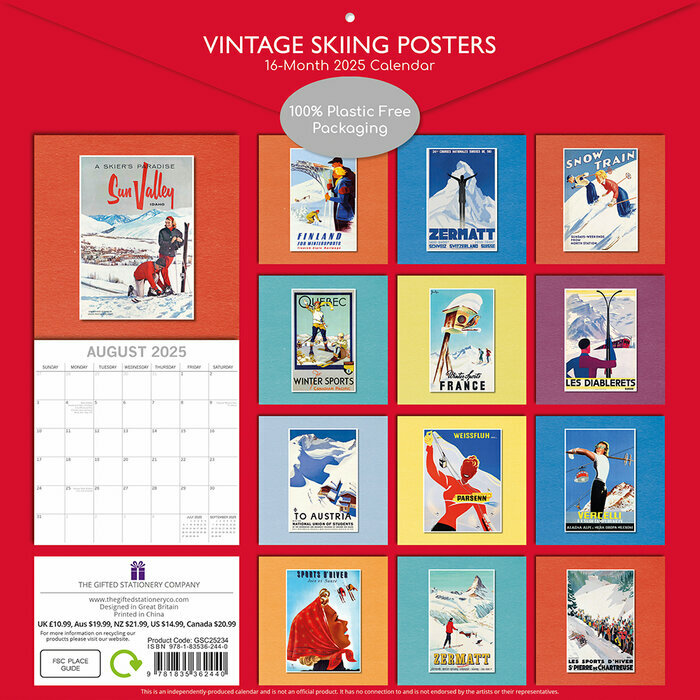 Calendrier Papier  2025 Affiches Ski Rétro Vintage