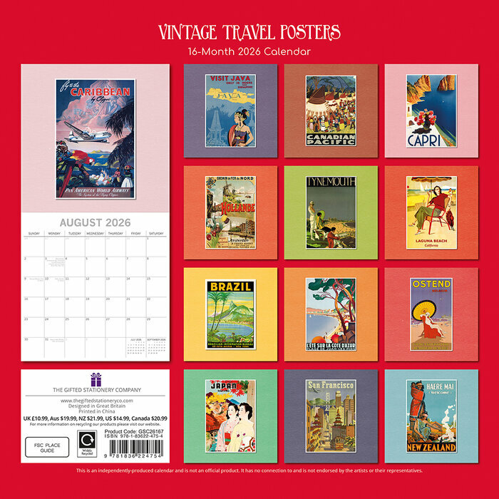 Calendrier 2026 Affiches Publicitaires Voyage Rétro Vintage