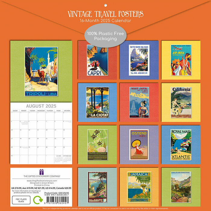 Calendrier Papier 2025 Affiches Publicitaires Voyage Rétro Vintage
