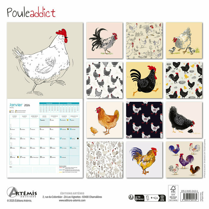 Calendrier papier  2026 Dessins Poules Addict Humour